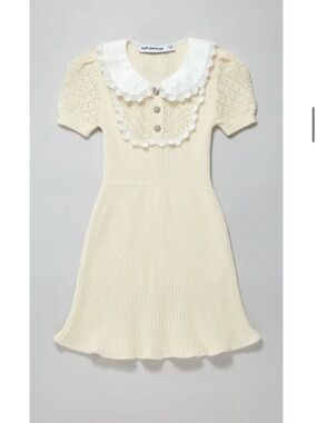 Self-Portrait Cream Ribbed Knit Dress with Lace Peter Pan Collar